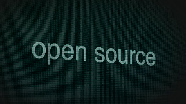 Open Source word text typing animation on a computer screen in After Effects. Motion graphics highlight collaboration, transparency, and modern IT communication concepts.
