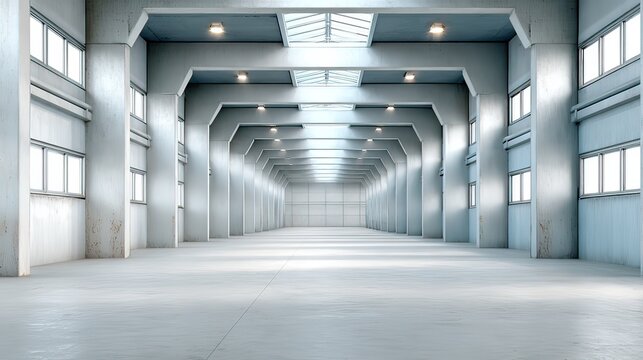 Spacious Empty Warehouse Interior with Bright Natural Light and Modern Industrial Design Elements for Creative Projects