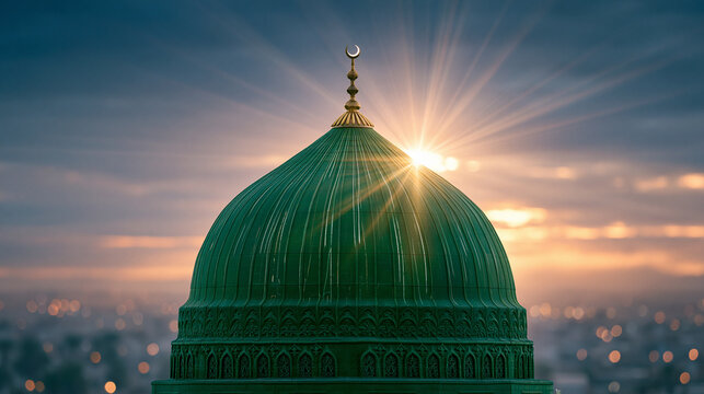 Traditional green mosque dome with crescent finial against sunset sky and city lights.