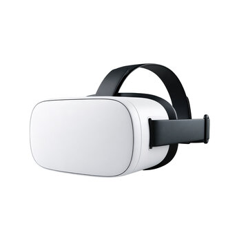White virtual reality headset isolated on white background for immersive gaming technology.