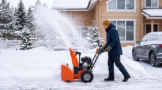 Man using an orange snowblower to clear snow from the driveway in front of a modern wooden house during a snowy winter day.