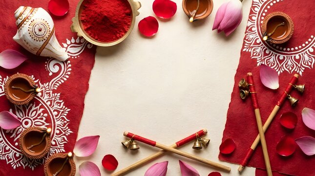 Traditional Hindu puja items arranged for worship ceremony background.