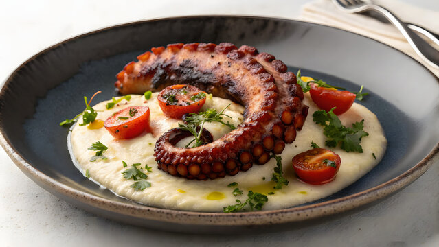 Grilled octopus tentacle on creamy puree with cherry tomatoes on a dark plate