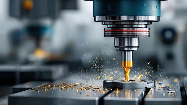 Precision metal cutting process with CNC machine creating metal shavings and sparks in a modern manufacturing workshop