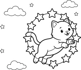 Obraz premium Cute cartoon kitten jumping through a circle of stars in the night sky