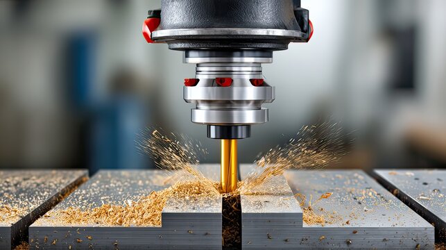 High-precision CNC machining process with metal shavings flying from the cutting tool in a modern workshop environment