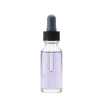 Flacon compte-gouttes avec s&eacute;rum violet sur fond blanc