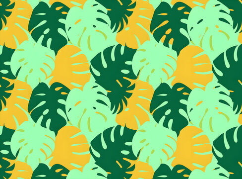 Seamless tropical pattern of large, layered Monstera leaves. Features light mint, deep dark green, and mustard yellow colors on a pale green background. Clean minimalist flat design.