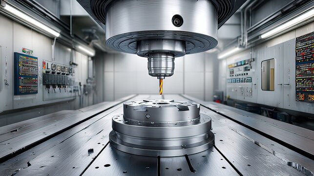 Precision machining process in modern workshop with advanced CNC equipment cutting metal part design details