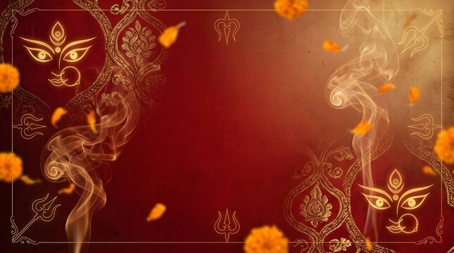 Festive red background with Durga maa faces and swirling smoke.