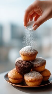 Baker dusting powdered sugar on a stack of fresh homemade muffins