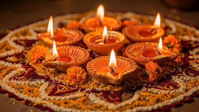 Glowing clay oil lamps arranged on traditional patterned floor art for celebration