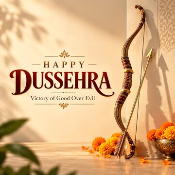 Happy dussehra greeting card with traditional bow and arrow and marigold flowers