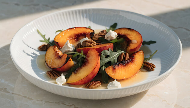 Grilled peach salad with arugula, goat cheese, and pecans on a white plate