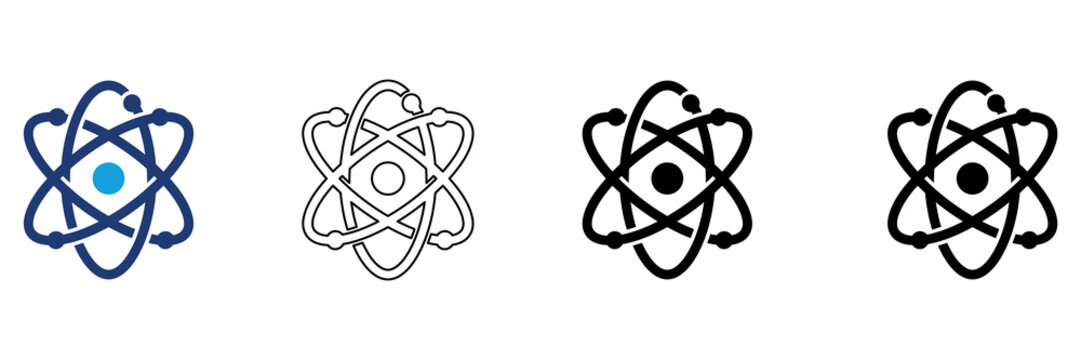 Multicolor Atomic Structure Icon Set with Filled and Outline Styles for Science Physics Chemistry Research Education and Nuclear Technology Isolated on Transparent Background