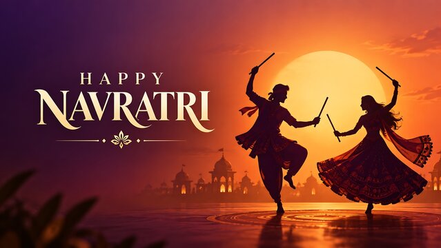 Happy navratri festive background featuring silhouettes of people dancing at sunset