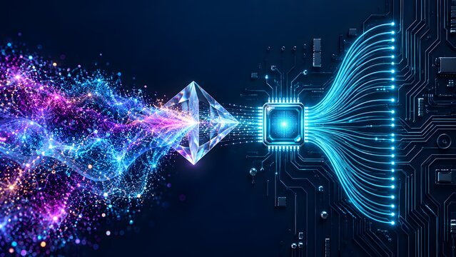 Quantum computing data transformation concept with glowing energy particles entering microchip processor on digital circuit board