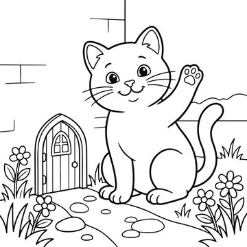 Cute cartoon cat waving hello next to a small fairy door in a garden