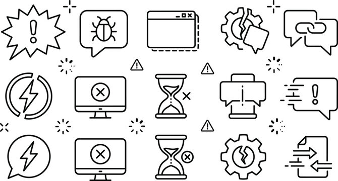 Computer system error and software bug line icon set featuring broken gear computer crash hourglass timeout linear vector