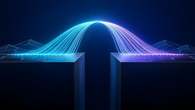 High speed fiber optic data transfer concept with glowing light streams bridging network server platforms for digital communication