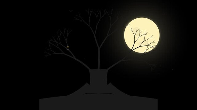Minimalist Halloween night animation with a full moon, bare tree, blinking owl, and flying bats in a dark sky