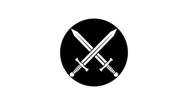 Two crossed swords icon on black circle background