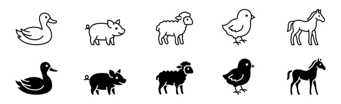 Farm animal vector icon set featuring duck, pig, sheep, chick, and horse symbols in line and filled styles for UI design.