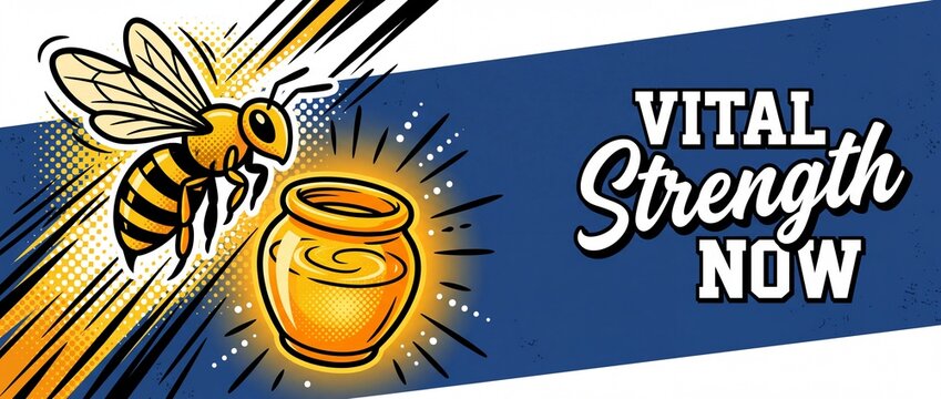 Honey bee comic book illustration flying towards a glowing honey jar on a blue background banner with vital strength text, retro pop art design for energetic fitness and health motivation concept.