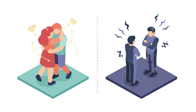 Comparison of a loving couple embracing with hearts and two angry men arguing on a split isometric background.