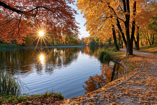 Golden leaves drift on a calm lake's surface. Sunbeams pierce through autumn trees above. Paths wind past fallen foliage and rippling water. Reflections mirror the vibrant season's hues