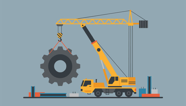 Yellow industrial construction mobile crane lifting a massive heavy gear wheel on a dark grey background.