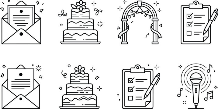 Party coordinator and banquet organization line icon set featuring celebration cake invitation list microphone music linear vector