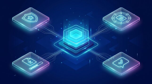 Futuristic digital data hub connecting security and communication icons in isometric 3D render style representing interconnected cloud networking systems for modern enterprise business solutions