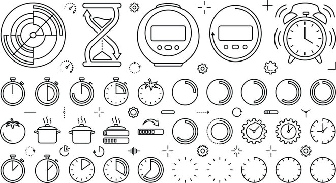 Pomodoro kitchen timer line icon set featuring tomato clocks hourglass alarm bell loading bars cooking pots linear vector
