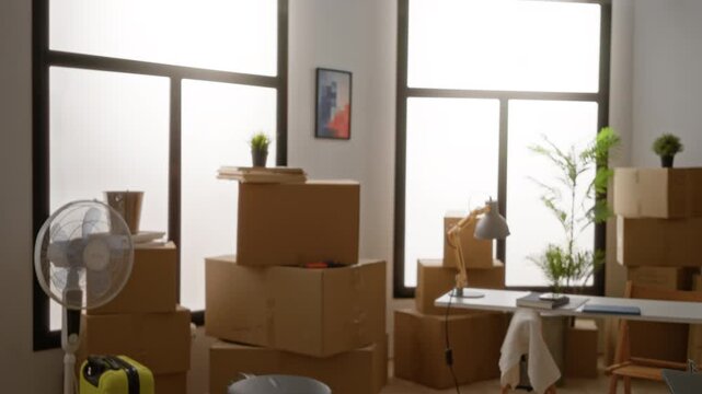 Stacked cardboard moving boxes and packed furniture in a soft defocused interior background; backplate copyspace virtual.