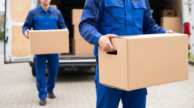 Delivery personnel wearing blue work uniforms carrying cardboard boxes from back of delivery van for residential shipment drop off during busy work day with copy space for branding