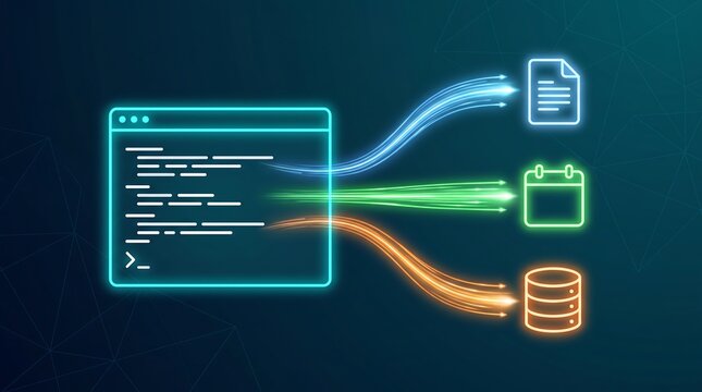 Futuristic digital illustration of automated system data distribution from terminal window to file calendar and database icons with glowing light trails in dark tech environment