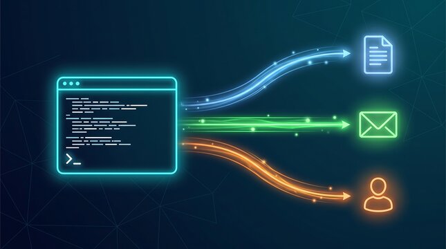 Dynamic digital graphic showing automated data transmission from command prompt to file email and user profile icons representing modern cloud based service integration and connectivity