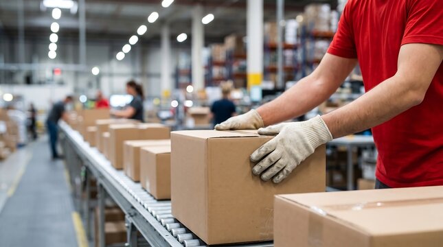Industrial warehouse worker wearing protective gloves processing cardboard boxes on automated roller conveyor belt line during busy shift in large distribution fulfillment center facility