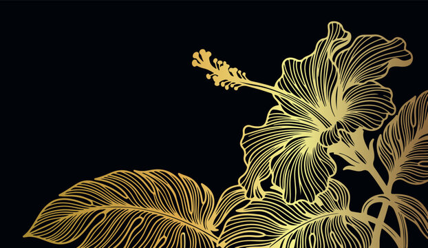 Golden tropical hibiscus flower banner, exotic blooming stamen petal sketch, glowing yellow island blossom line art, dark midnight garden background border, vintage engraved hawaiian flora drawing, lu