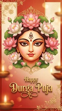 durga mata goddess face surrounded by pink lotus flowers vertical design.