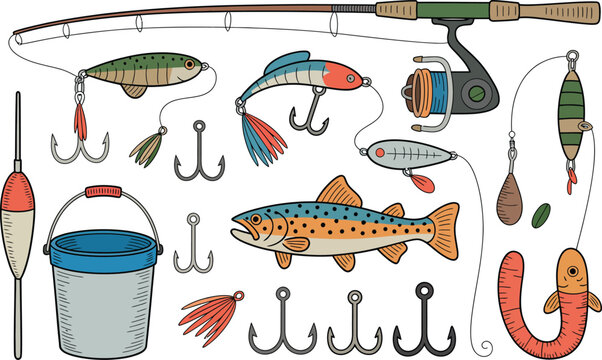 Fishing tackle set with spinning rod reel hooks bucket bobber trout artificial lures and worm isolated on white background