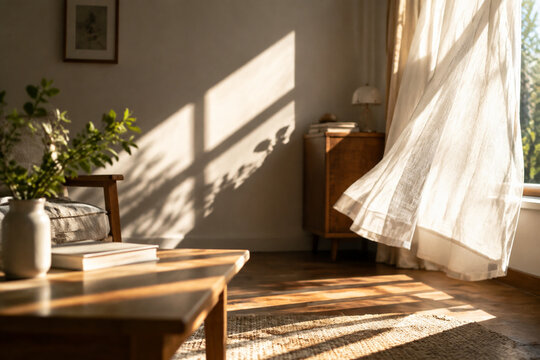 Sunlit interior with sharp shadows from an opened curtain.