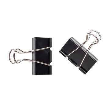 Two black metal binder clips, one upright and one angled, presented on a clean transparent background.