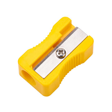 Realistic photograph of a bright yellow plastic pencil sharpener with a silver blade, isolated for design.