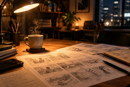 Desk lamp glow over coffee cup and storyboard sketches in a late night study room.