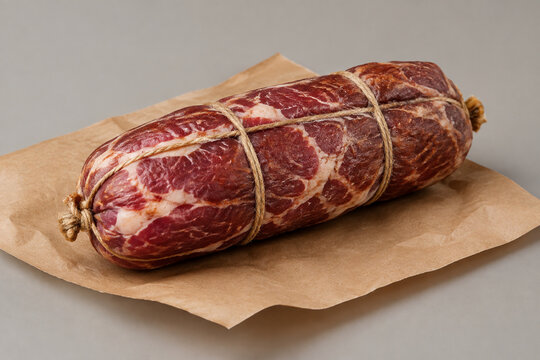 Whole red capicola sausage on brown butcher paper, rustic food presentation concept