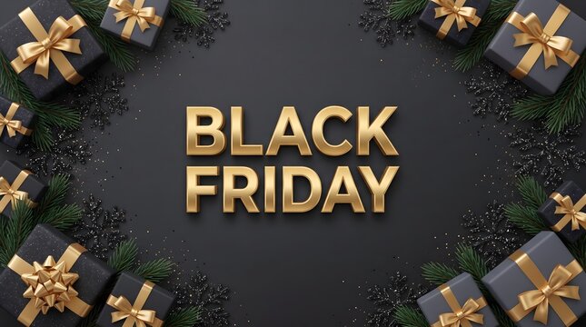 Elegant black friday sale background with golden text and decorative gift boxes on dark texture
