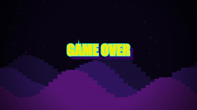 Retro Arcade Game Over Screen with Pixel Mountains and Glowing Neon Text