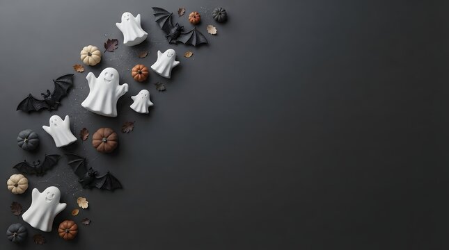 Flat lay composition of white ghost decorations and black bats on a dark background for halloween holiday celebration